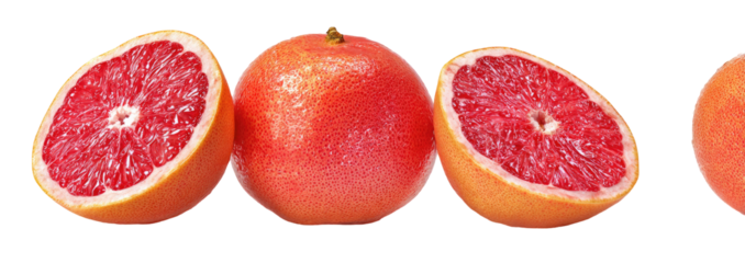Three grapefruits, cut in half, displayed against a black background.  Bright, juicy, and vibrant, the fruits show a deep red/pink interior
