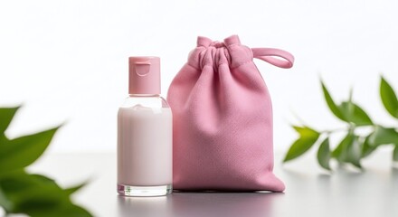 Elegant Cream Lotion and Pink Pouch with Green Leaves for Natural Skin Care and Beauty Products Presentation