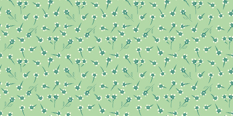 Seamless vector floral pattern with small white flowers on a soft green background. Minimal, fresh, and elegant design  for fabric, stationery, and spring decor