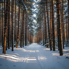 Naklejka premium Snowy Path Through a Pine Forest in Winter