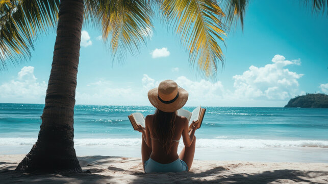 Woman reading a book on the beach under a palm tree with blue sky and ocean in the background view - Powered by Adobe