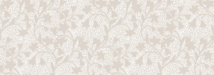Delicate seamless vector pattern with stylized floral silhouettes and abstract dotted texture. Soft pastel beige and white palette creates a calming, elegant design for fabrics and wallpapers