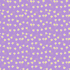 Seamless vector pattern with tiny yellow blossoms and delicate leaves on a soft purple background. Template for textiles, wrapping paper, stationery, and spring designs