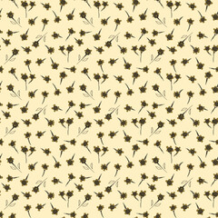 Seamless vector floral pattern with small dark blossoms on a beige background. Template for vintage fabric, wallpaper, wrapping paper, and elegant botanical designs