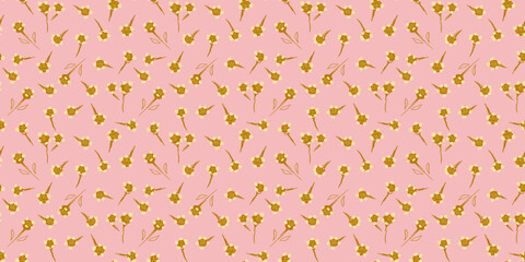 Seamless vector floral pattern with small golden blossoms on a soft pink background. Template for fabric, wallpaper, wrapping paper, and romantic decorative designs