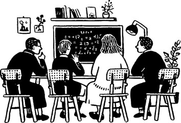 Minimalistic black and white classroom scene with math concepts and students