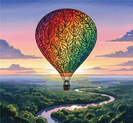 Vintage Hot Air Balloon Icon Over Countryside Landscape