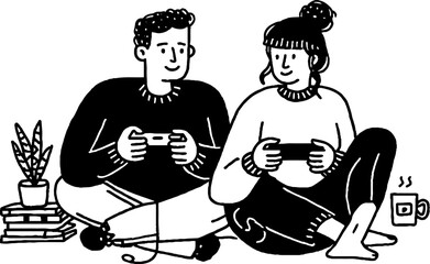 Minimalistic black and white illustration of people gaming and relaxing with coffee