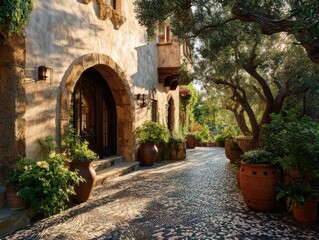 Naklejka premium A stone building with a large archway. The archway is open. There are several potted plants on the sidewalk