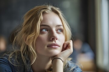 A student gazes out of the window, lost in thought during an exam. Soft natural lighting illuminates the room as classmates focus on their papers in the background