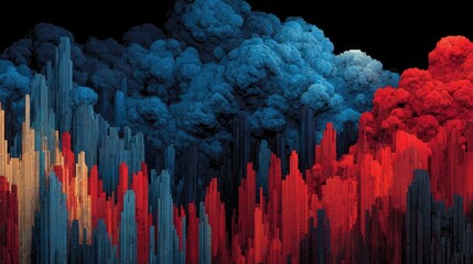 Abstract digital landscape of vibrant, towering structures with clouds of color