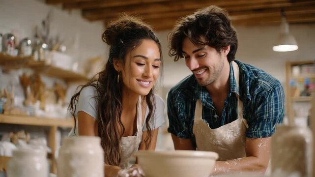 Pottery Romance: A tender moment captured as a couple collaborates on a pottery project, bathed in the warm glow of their workshop.