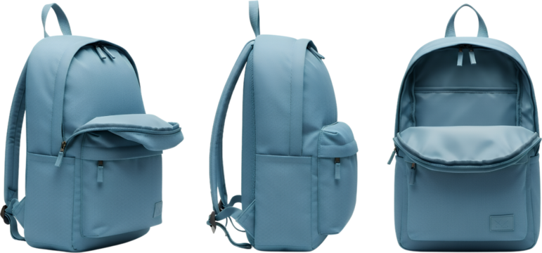 Three angles of a blue fabric backpack with open main compartment and front pocket isolate bag travel