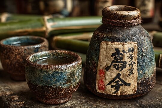 Traditional sake bowl bamboo handcrafted style high resolution picture