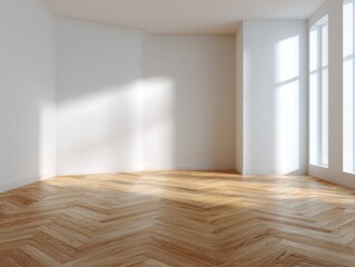 Fototapeta premium A room with a white wall and wooden floors. There is a window in the room