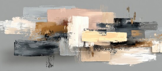 Abstract art piece with rectangular shapes and layered brushstrokes in muted tones