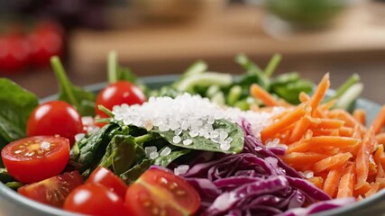 A closeup of a salad with vegetables topped with white crystalline substance