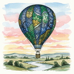 Colorful Hot Air Balloon Flying Above Scenic Landscape