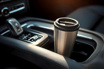 A sleek stainless steel travel mug placed in the cup holder of a modern vehicle, reflecting a glimpse of a comfortable and stylish car interior.
