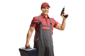 Repairman with a tool box and a drill
