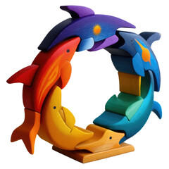 Obraz premium Colorful Wooden Dolphin Puzzle Stacked in a Unique Circular Design for Educational Play and Imaginative Learning Experiences for Children
