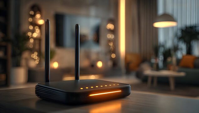 A sleek and modern wireless router on a wooden table, illuminated by soft ambient lights, showcasing the connection to digital life and smart homes.