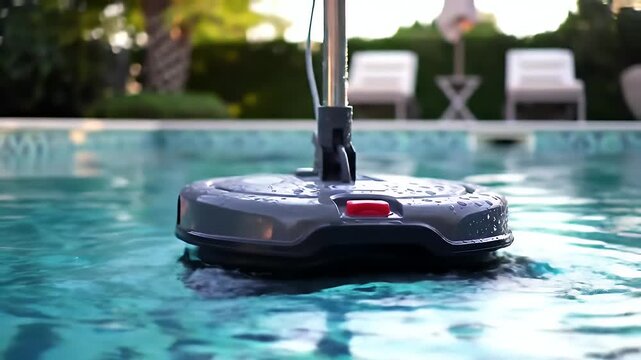 Gray Pool Cleaner Floating on Blue Water Surface with Blurred Chair and Green Plants