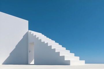 A striking image of a minimalist white staircase against a clear blue sky, symbolizing modern architecture and tranquility.