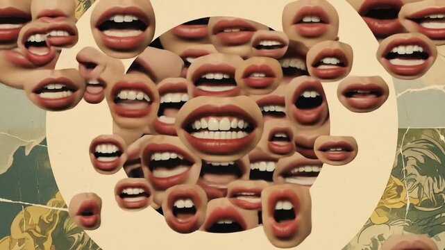 A collage of diverse mouths expressing various emotions, surrounded by floral patterns and textures
