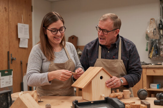 Caucasian young adult woman and Caucasian middle aged man assembling wooden birdhouse together in workshop, both wearing aprons and smiling while working on project