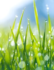 Dew-kissed blades of vibrant green grass