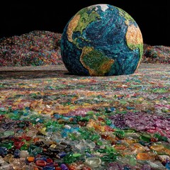 Earth globe amidst a mountain of colorful plastic waste