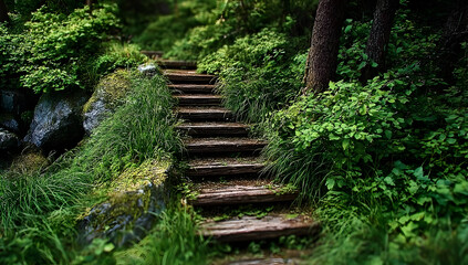 A serene woodland pathway featuring wooden steps surrounded by lush greenery and vibrant foliage, creating a peaceful retreat into nature.