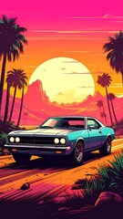 Retro car, sunset, desert