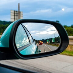 Obraz premium A car's side-view mirror reflecting a highway at dusk