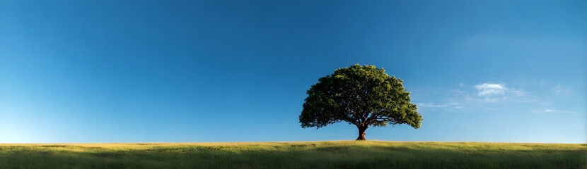 A solitary tree stands gracefully against a vast blue sky, embodying tranquility and nature's beauty. Perfect for illustrating peace and isolation.