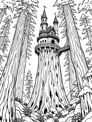 Minimilist a whimsical treehouse castle nestled among towering trees with a bridge connecting it to another tree trunk vector