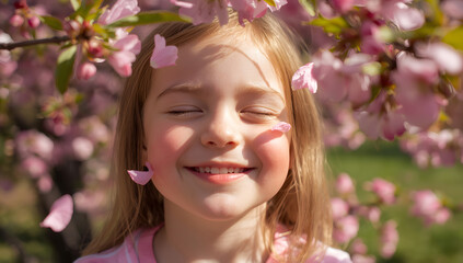 Fototapeta premium A young child's face is the focal point in a close-up portrait set amidst a vibrant spring park, with the kid's eyes closed and a gentle smile spreading across their face as they bask in warm spring
