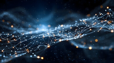 Obraz premium A mesmerizing digital abstraction featuring interconnected nodes and glowing lines, representing data flow and technological networks in a vibrant space.