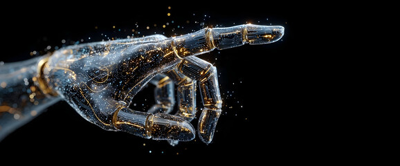 A futuristic robotic hand pointing, showcasing innovation and technology. The hand emits glowing particles, representing advanced AI and digital interaction.