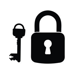 Simple black and white vector image of a key and padlock, A lock with key silhouette vector illustration