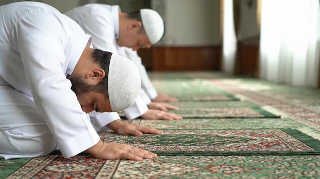 A row of Muslim men in white robes performing the sujud prostration during Salah prayer in a mosque.