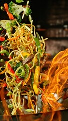Freeze Motion of Wok Pan with Flying Ingredients in the Air and Fire Flames. Kitchen Interior on...
