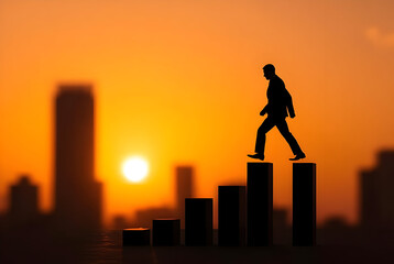 A silhouette of a businessman stepping up on bar graphs during a stunning sunset, symbolizing growth, success, and progress in the corporate world.