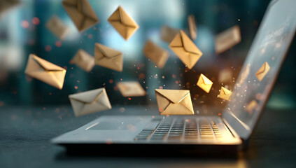 A laptop with envelopes flying out, representing digital communication and email marketing in the modern business world. Dynamic and engaging imagery.