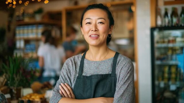 Friendly Female Shopkeeper Smiling in Modern Local Store Environment