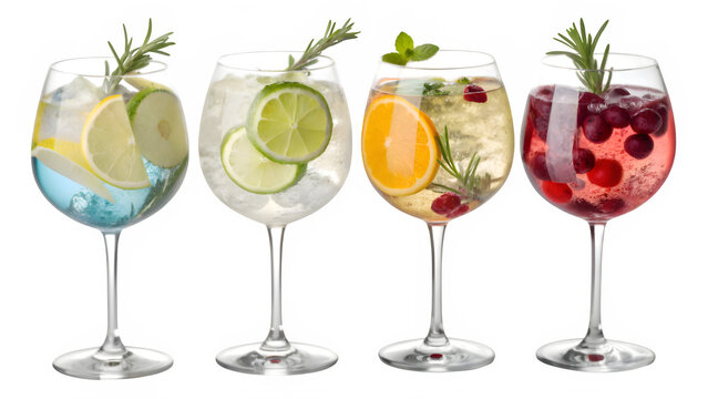 Four refreshing cocktails with fruit and herbs isolated on transparent background - Powered by Adobe