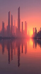 Obraz premium Sunrise over a city reflected in a calm river. Skyscrapers in warm hues