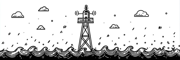 Simple black and white illustration of a weather buoy/station on turbulent water