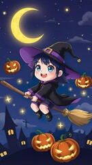Halloween Witch  photo Illustration &ndash; Broom, Moon & Pumpkins